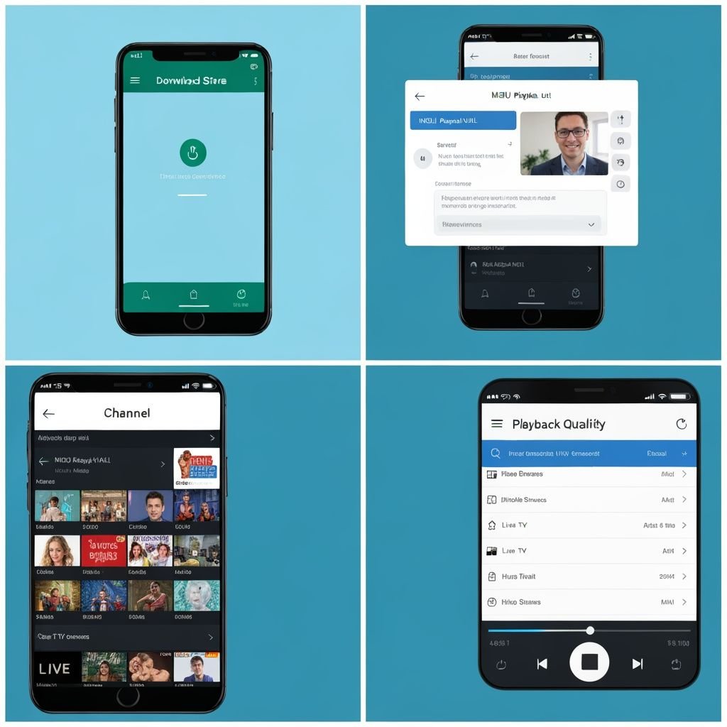 Quatre étapes d'installation et configuration : téléchargement, ajout de playlist, liste de chaînes, lecture vidéo