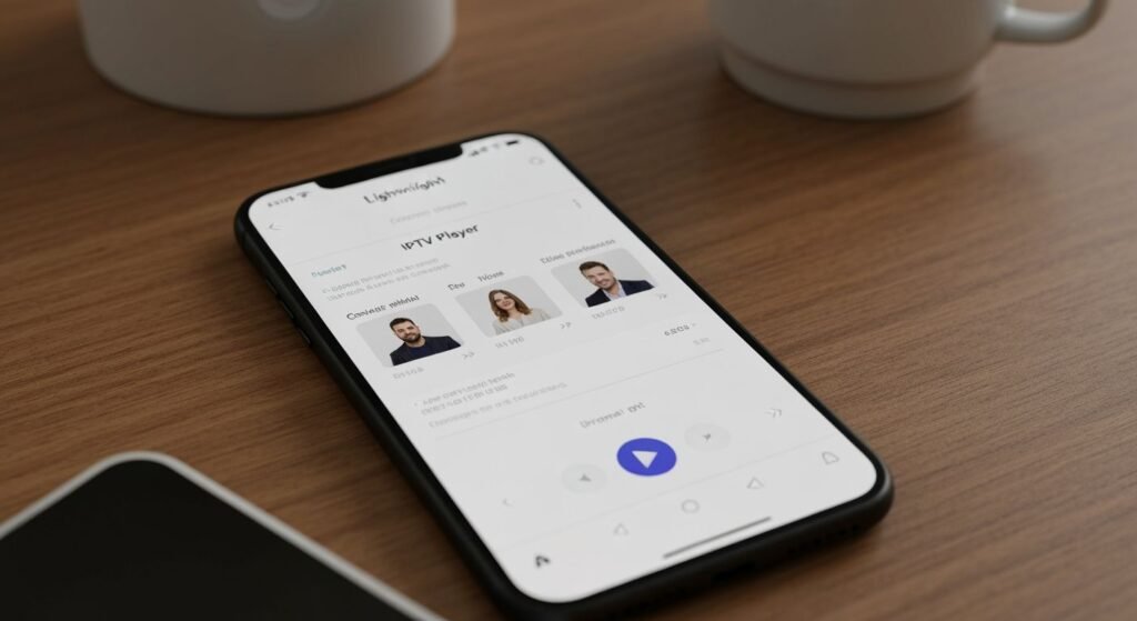 Application IPTV légère affichée sur smartphone avec interface de lecteur et liste de chaînes