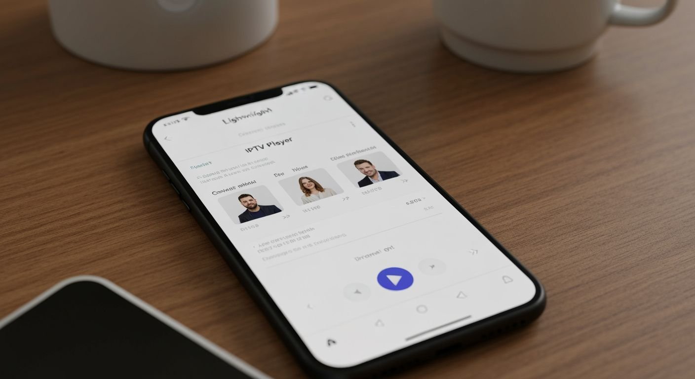 Application IPTV légère affichée sur smartphone avec interface de lecteur et liste de chaînes