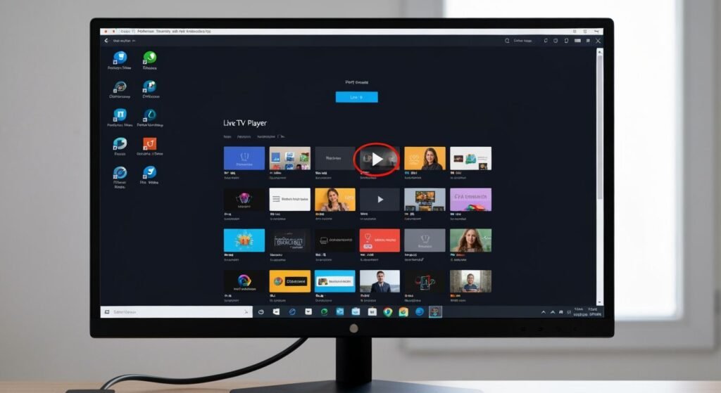 Interface d'application IPTV sur écran PC Windows avec grille de chaînes TV en direct