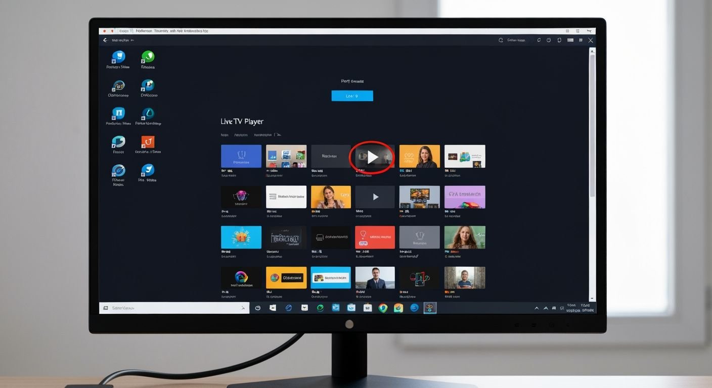 Interface d'application IPTV sur écran PC Windows avec grille de chaînes TV en direct