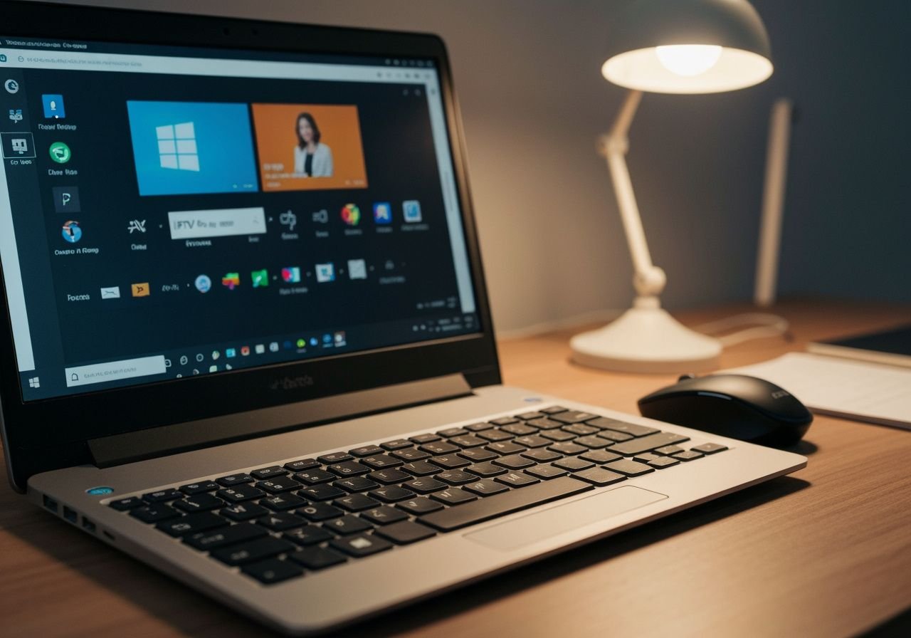 Configuration de bureau avec ordinateur portable affichant une application de lecteur IPTV