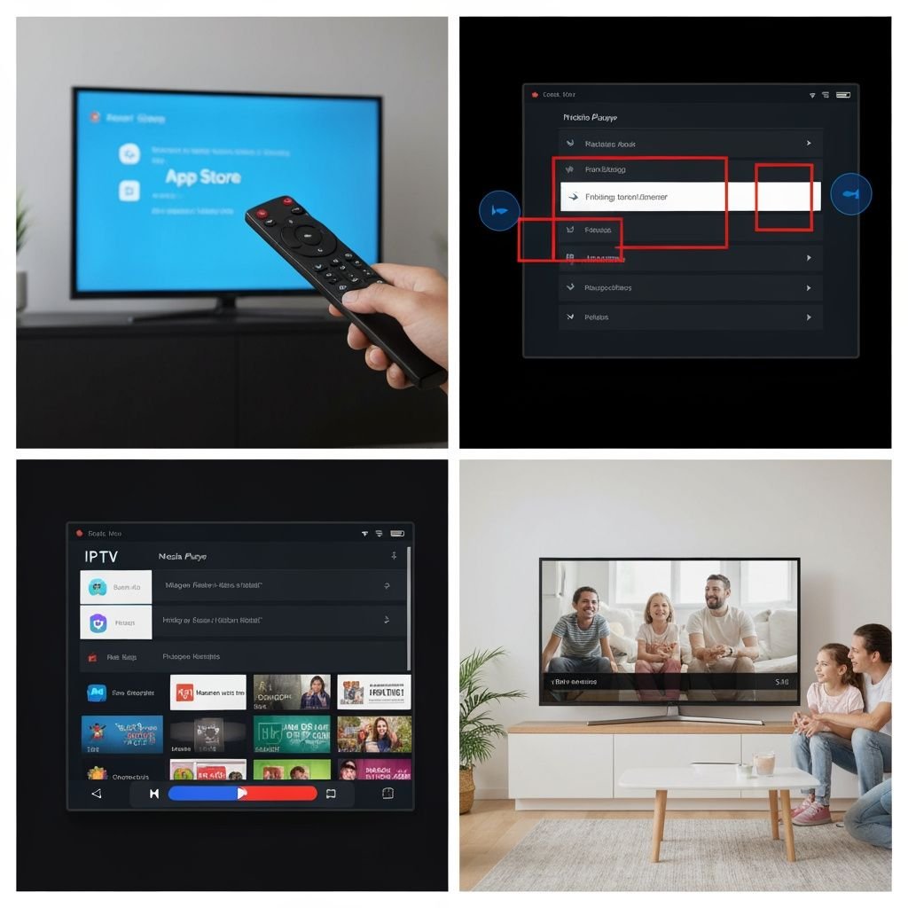 Guide d'installation en quatre étapes : télécommande, menu paramètres, application IPTV et lecture en direct
