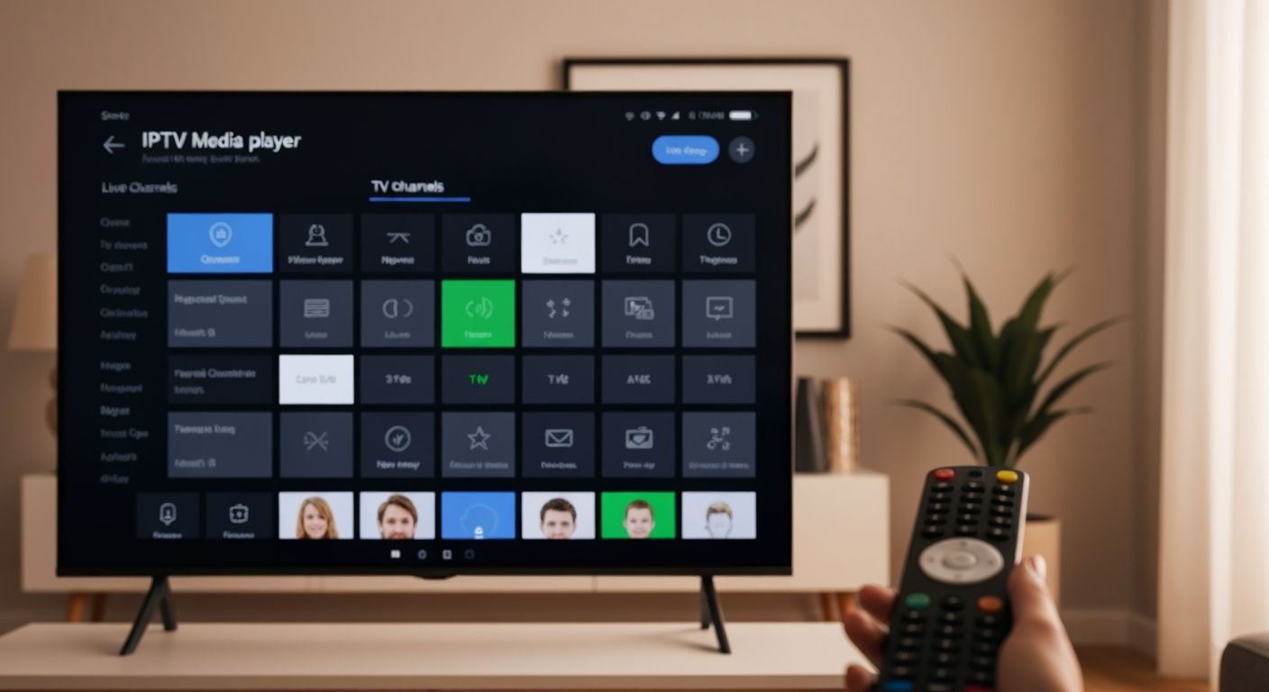 Interface d'application IPTV sur Smart TV moderne avec grille de chaînes en direct et télécommande