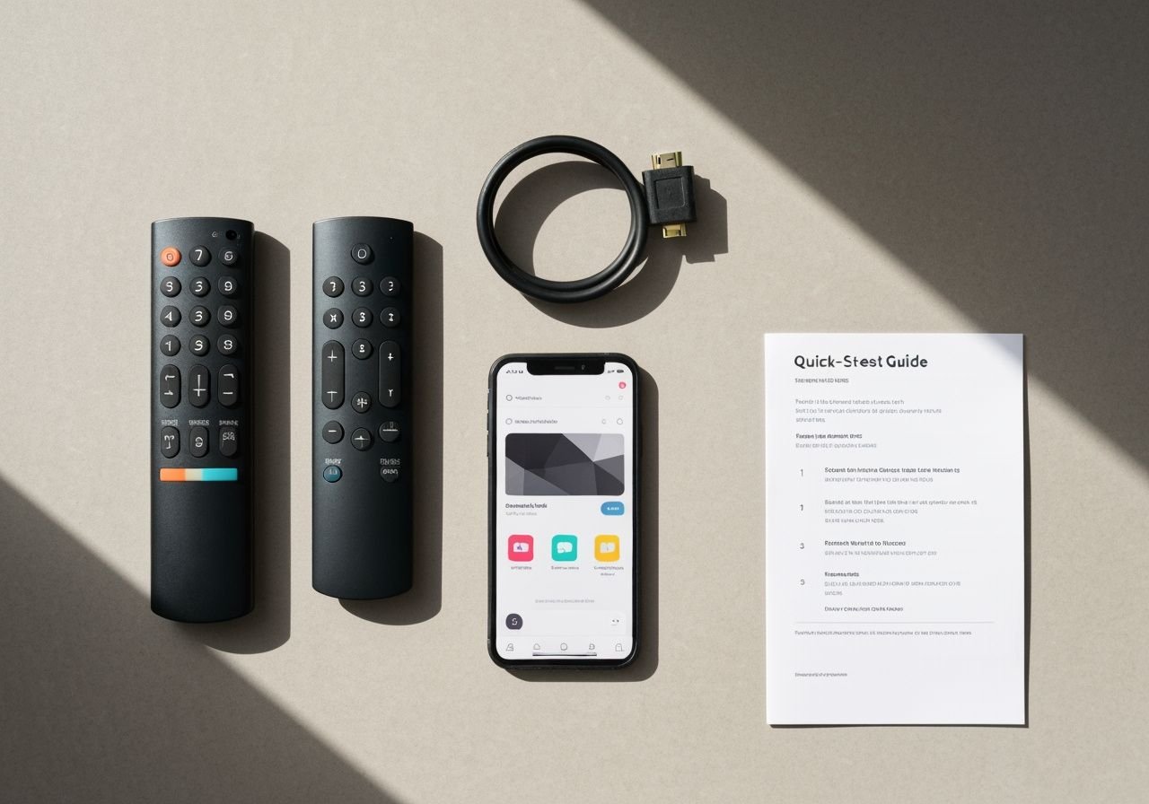 Accessoires d'installation : télécommande, câble HDMI, smartphone et guide de démarrage rapide