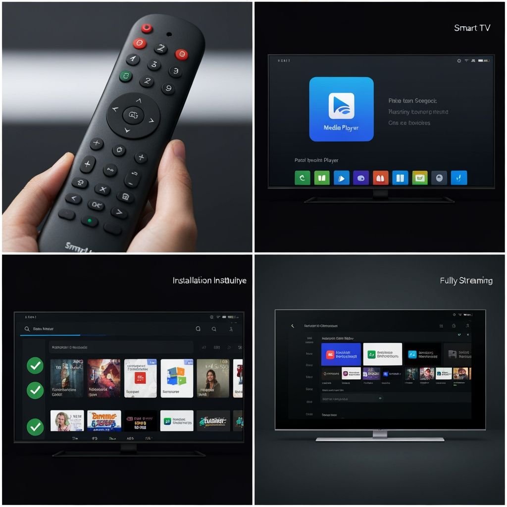 Guide d'installation en quatre étapes : télécommande, menu TV, processus installation, interface configurée