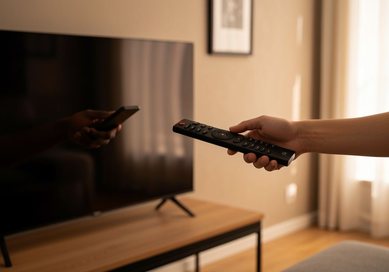 Utilisateur pointant une télécommande vers un téléviseur moderne pour configurer une application