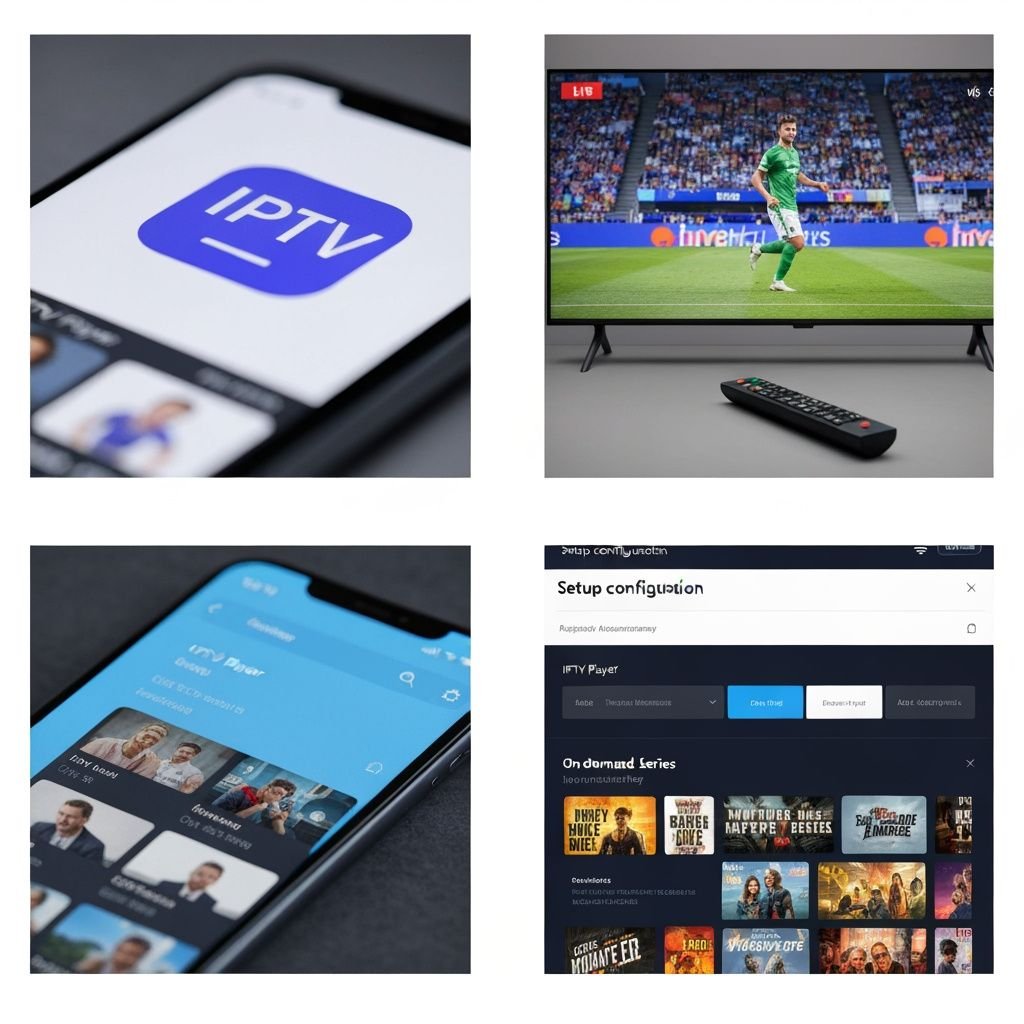 Quatre panneaux montrant l'application IPTV sur mobile, diffusion sportive en direct, bibliothèque de contenu à la...