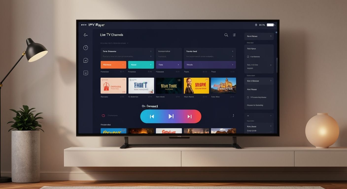 Interface de lecteur IPTV affichée sur un téléviseur moderne dans un salon contemporain avec contrôle de contenu en direct.
