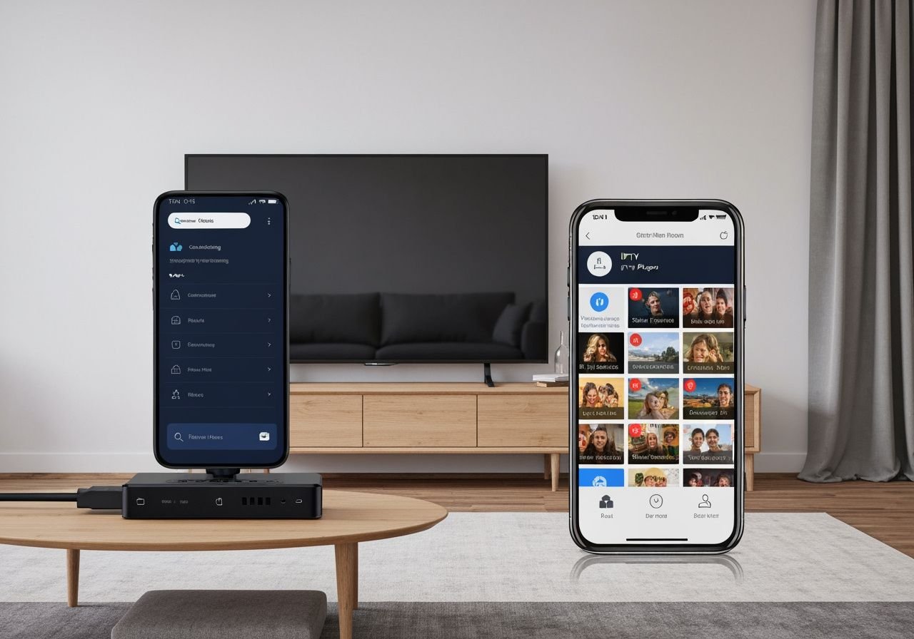 Comparaison d'affichage IPTV entre un appareil de streaming compact et une application mobile dans un salon moderne.