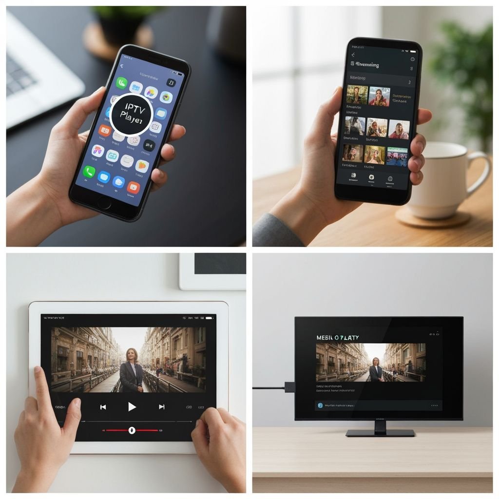 Quatre étapes d'installation et utilisation : téléchargement, interface, lecture sur tablette et affichage TV