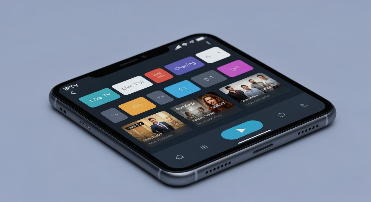 Application lecteur IPTV affichant des chaînes et contenus en streaming sur écran smartphone