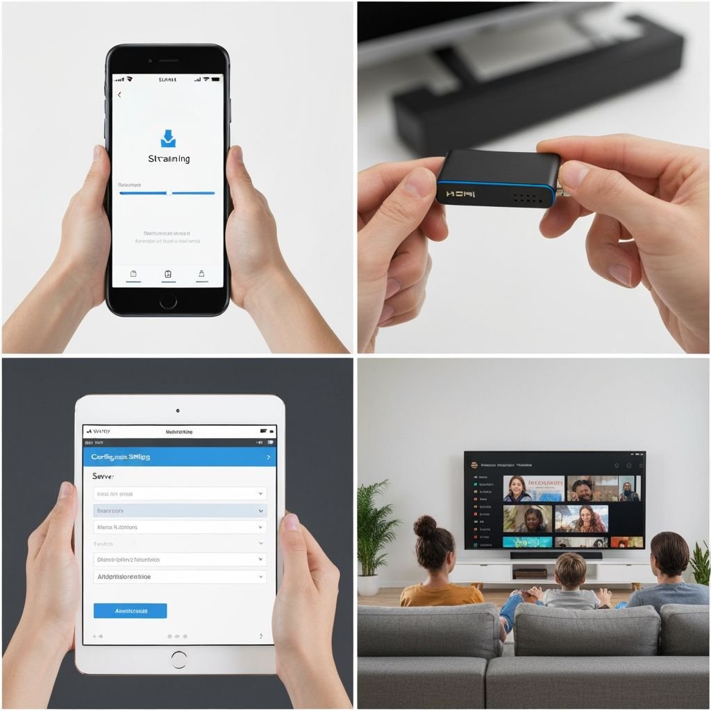Quatre étapes : installation sur mobile, connexion du boîtier, configuration des paramètres, visionnage sur Smart TV