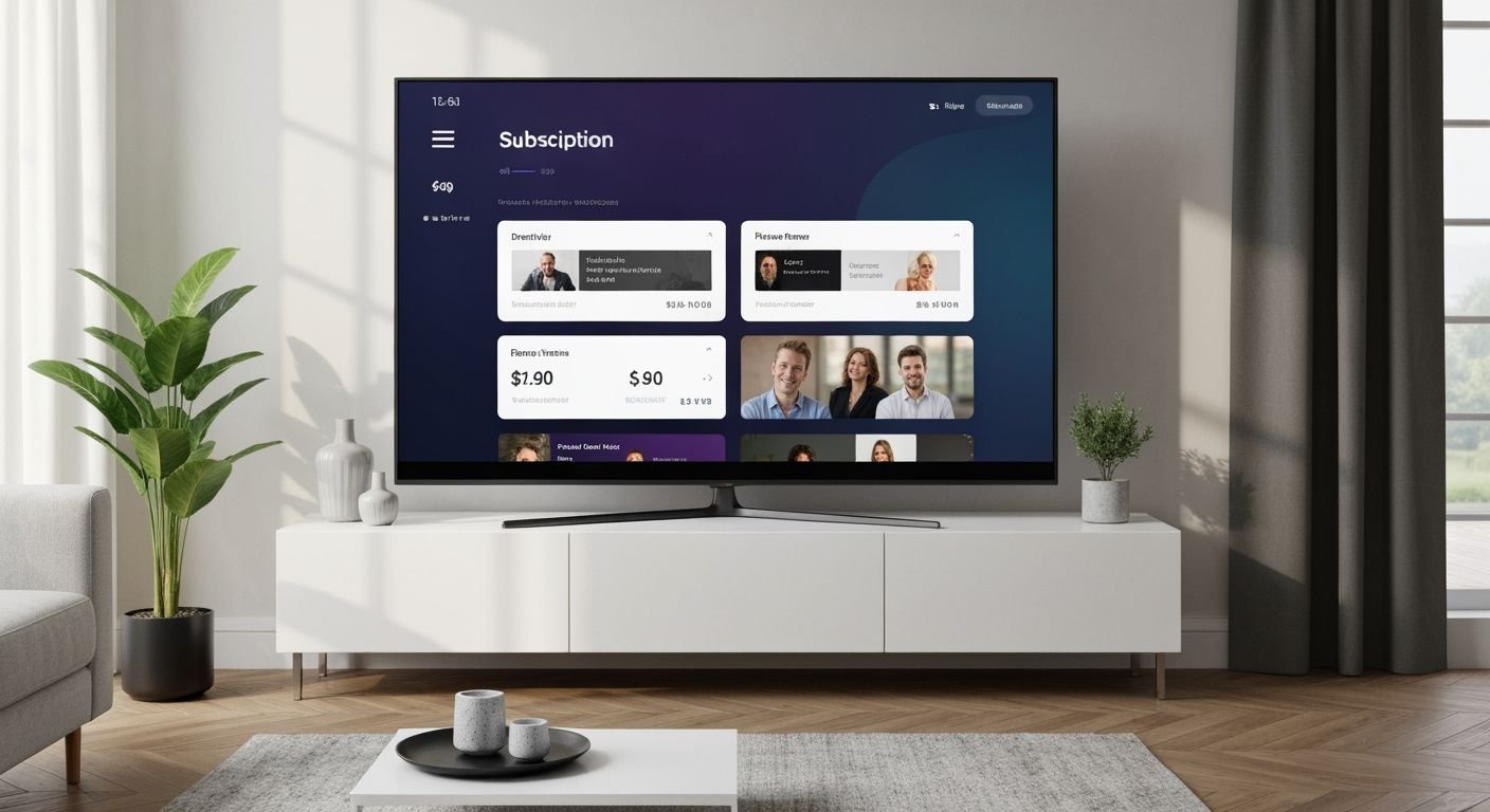 Interface d'abonnement IPTV Smarters Pro affichée sur un téléviseur moderne avec tarifs et fonctionnalités