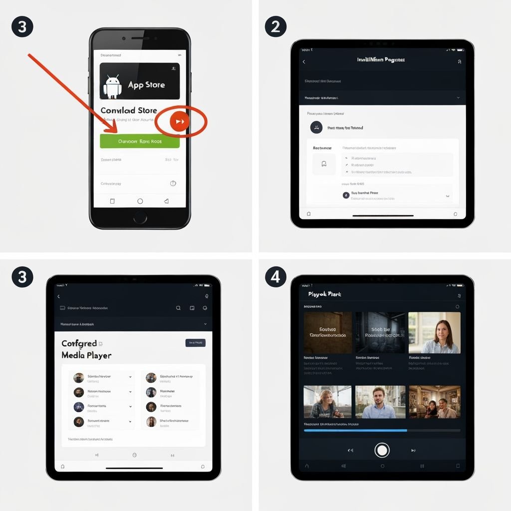 Quatre étapes d'installation et configuration d'une application IPTV sur appareil Android.