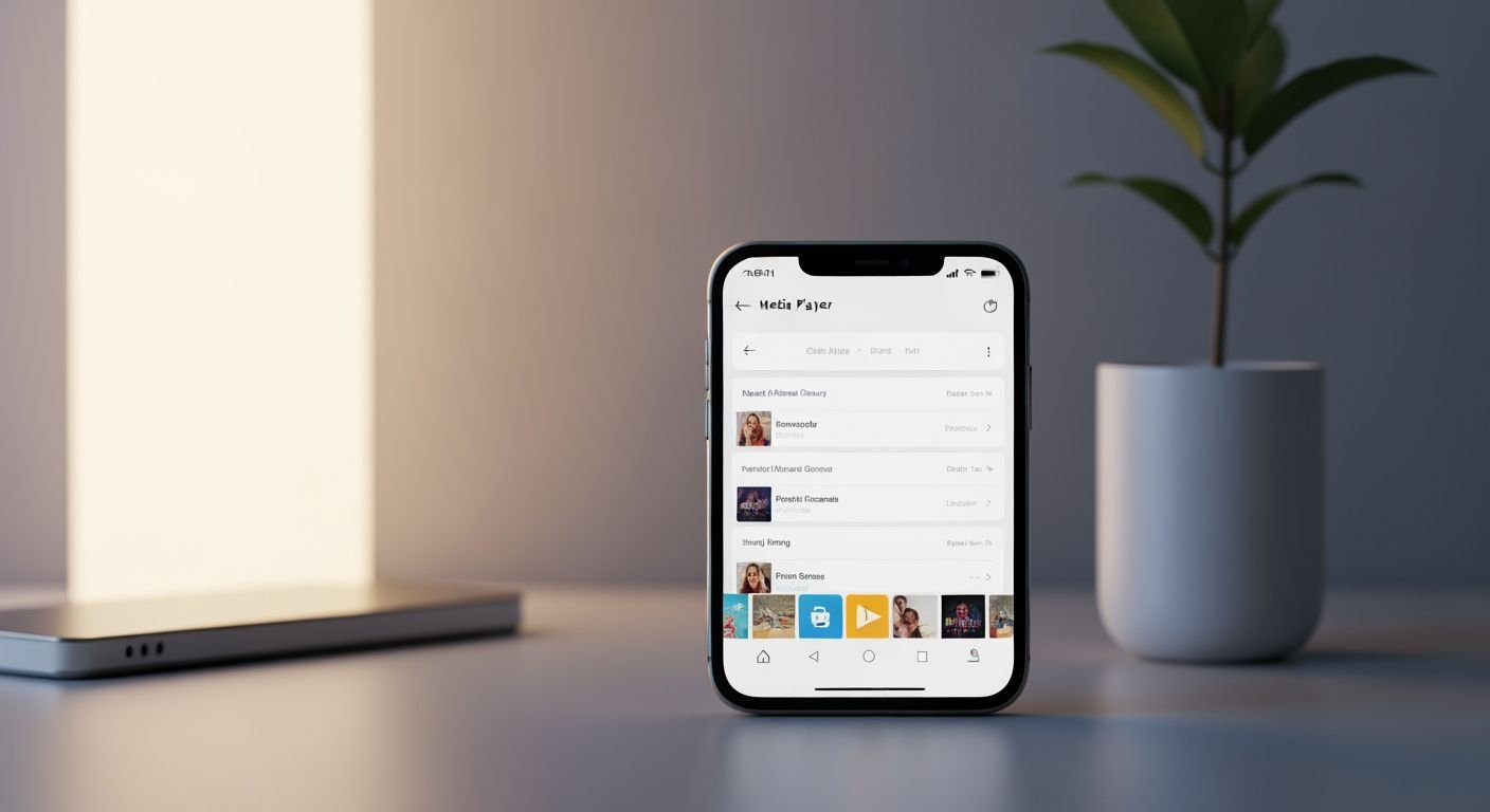 Application de lecteur IPTV sur écran Android avec interface de contrôle et bibliothèque de contenu.