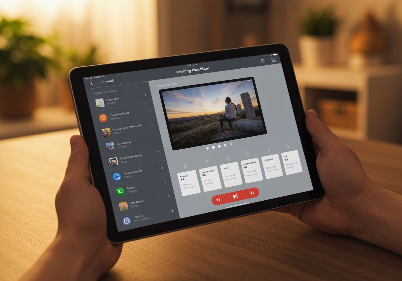 Tablette Android affichant une application IPTV configurée avec guide des programmes et contrôles de lecture.