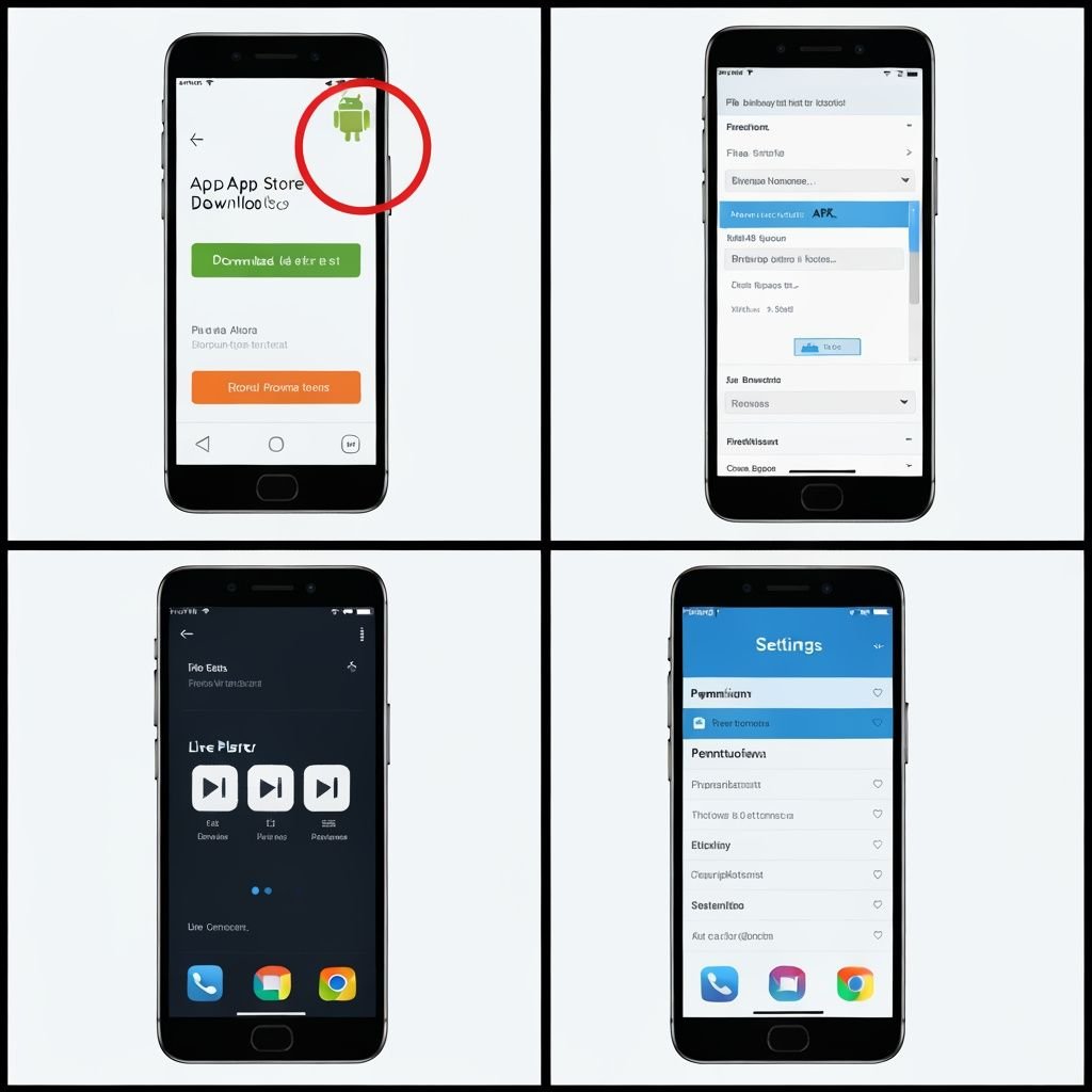 Guide d'installation en quatre étapes : téléchargement APK, installation, configuration et utilisation sur Android.
