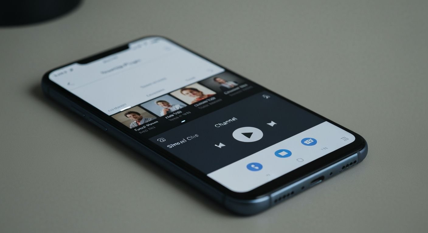 Téléphone Android affichant une application lecteur IPTV avec interface de lecture et liste de chaînes.