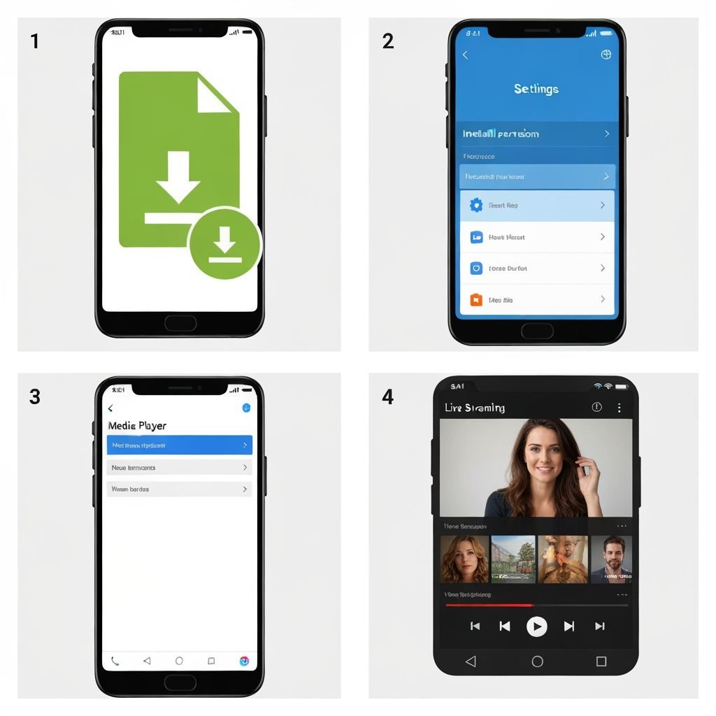 Quatre étapes d'installation : téléchargement APK, permissions système, ouverture app, et lecture de contenu en direct.