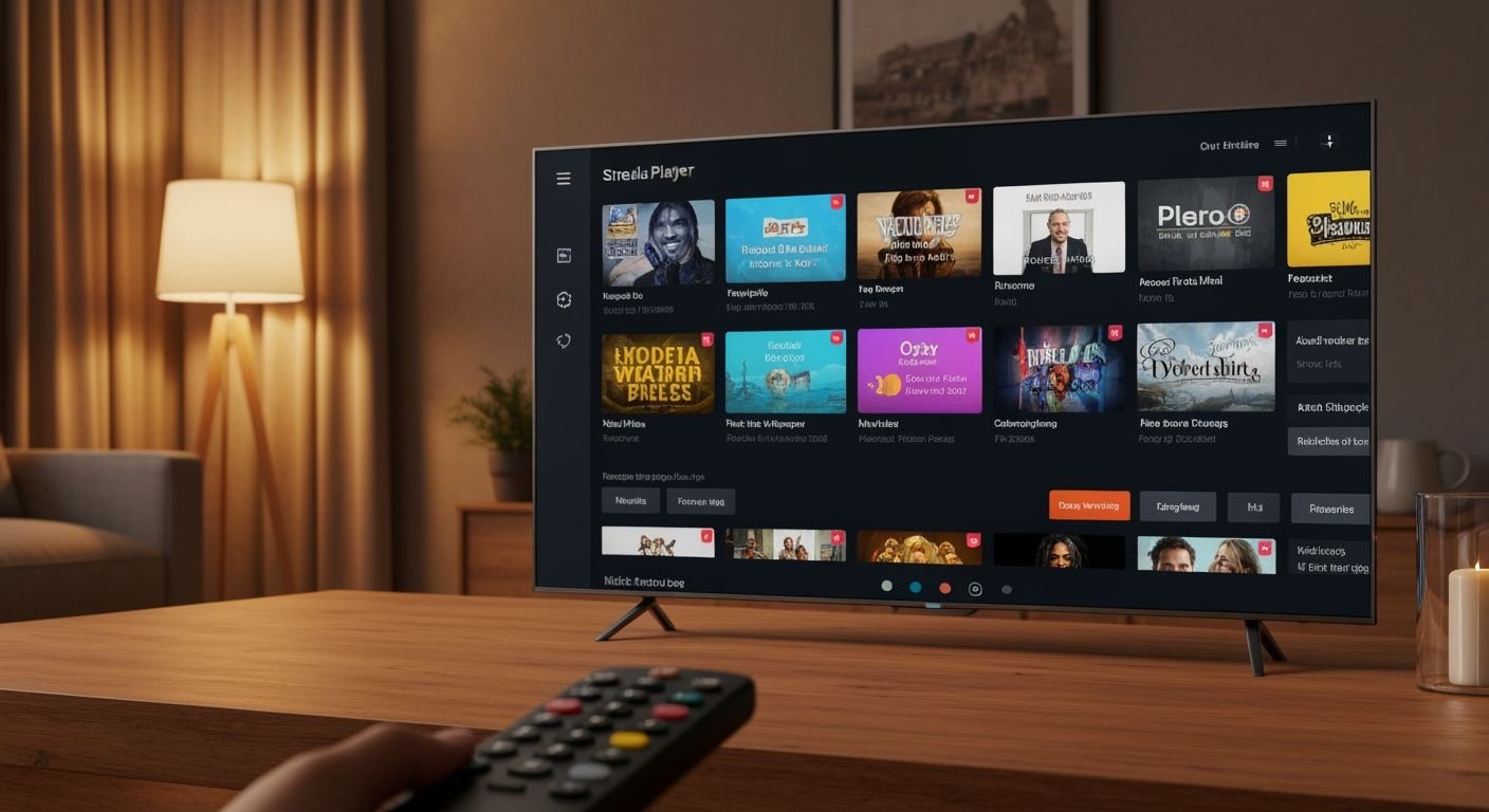Interface de lecteur IPTV moderne sur Smart TV avec contenu en streaming et télécommande