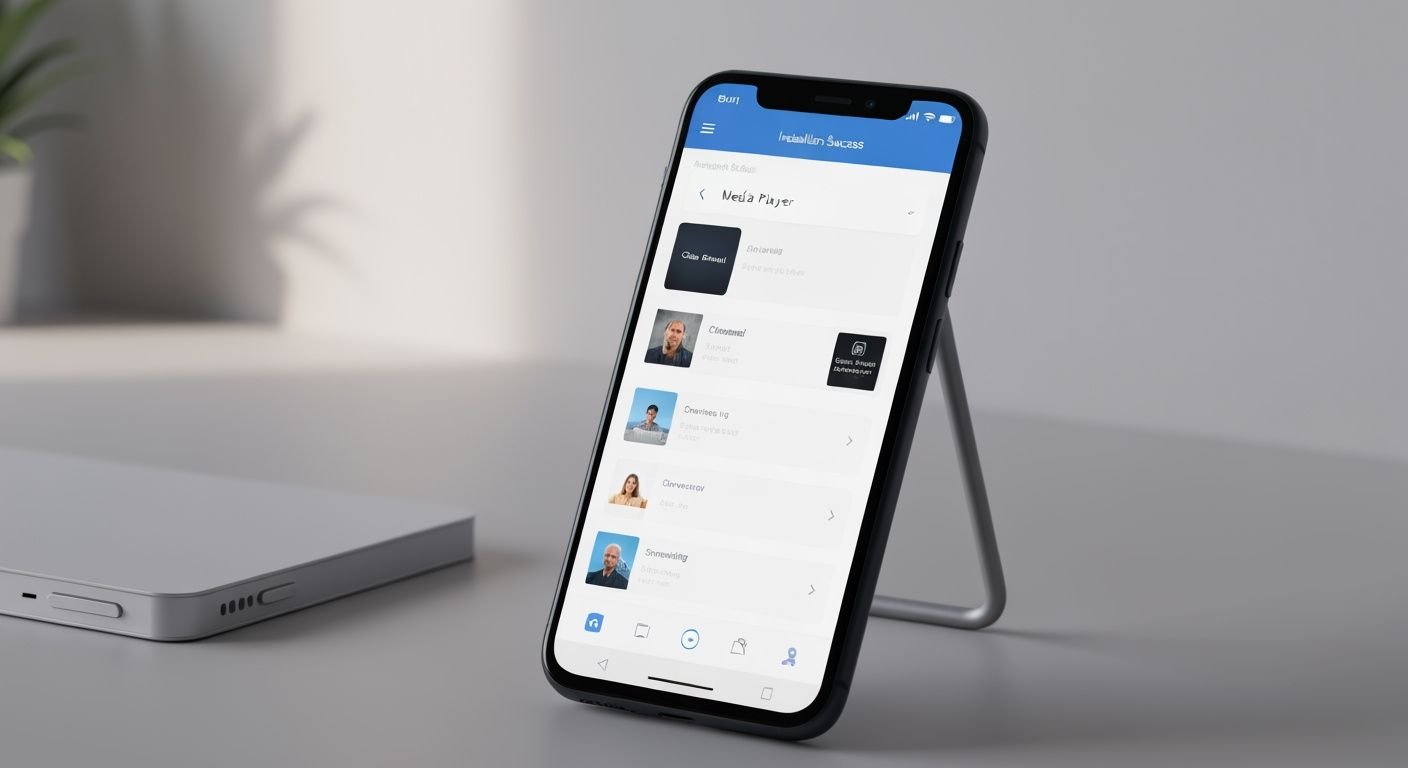 Smartphone Android affichant une interface de lecteur IPTV avec contrôles de lecture et bibliothèque de contenu.