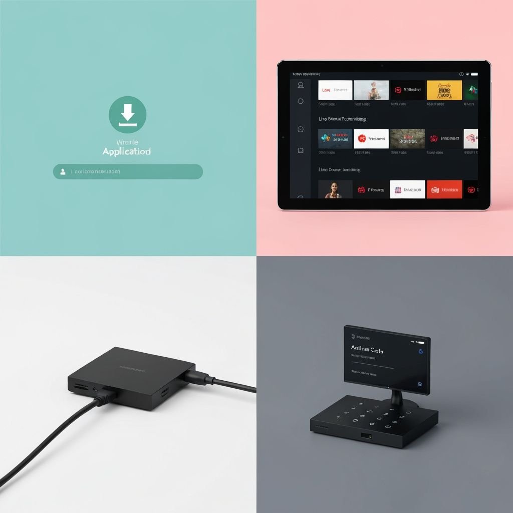 Quatre étapes : téléchargement application, interface streaming, connexion TV box, écran d'activation avec code