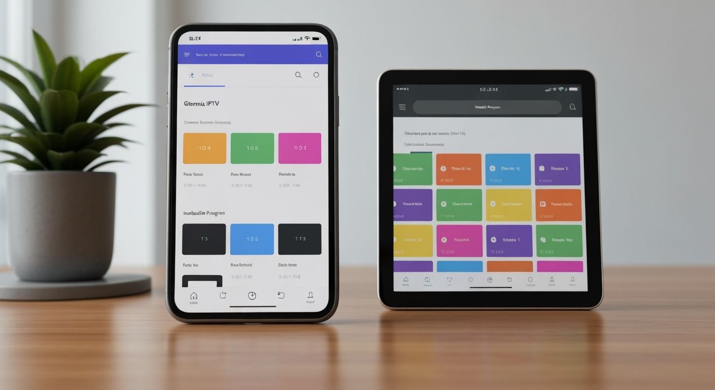 Smartphone et tablette affichant une interface d'application IPTV avec grille de chaînes colorées sur un bureau