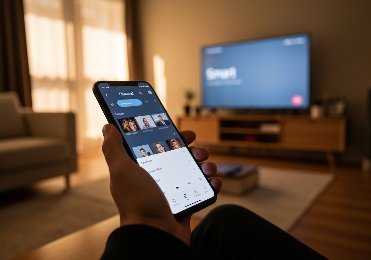 Mains tenant un smartphone avec application de streaming ouverte, téléviseur moderne en arrière-plan