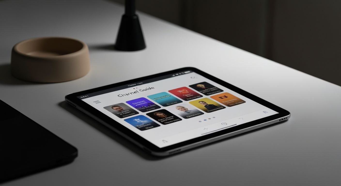 Interface d'application IPTV moderne affichée sur écran tactile avec guide des chaînes coloré