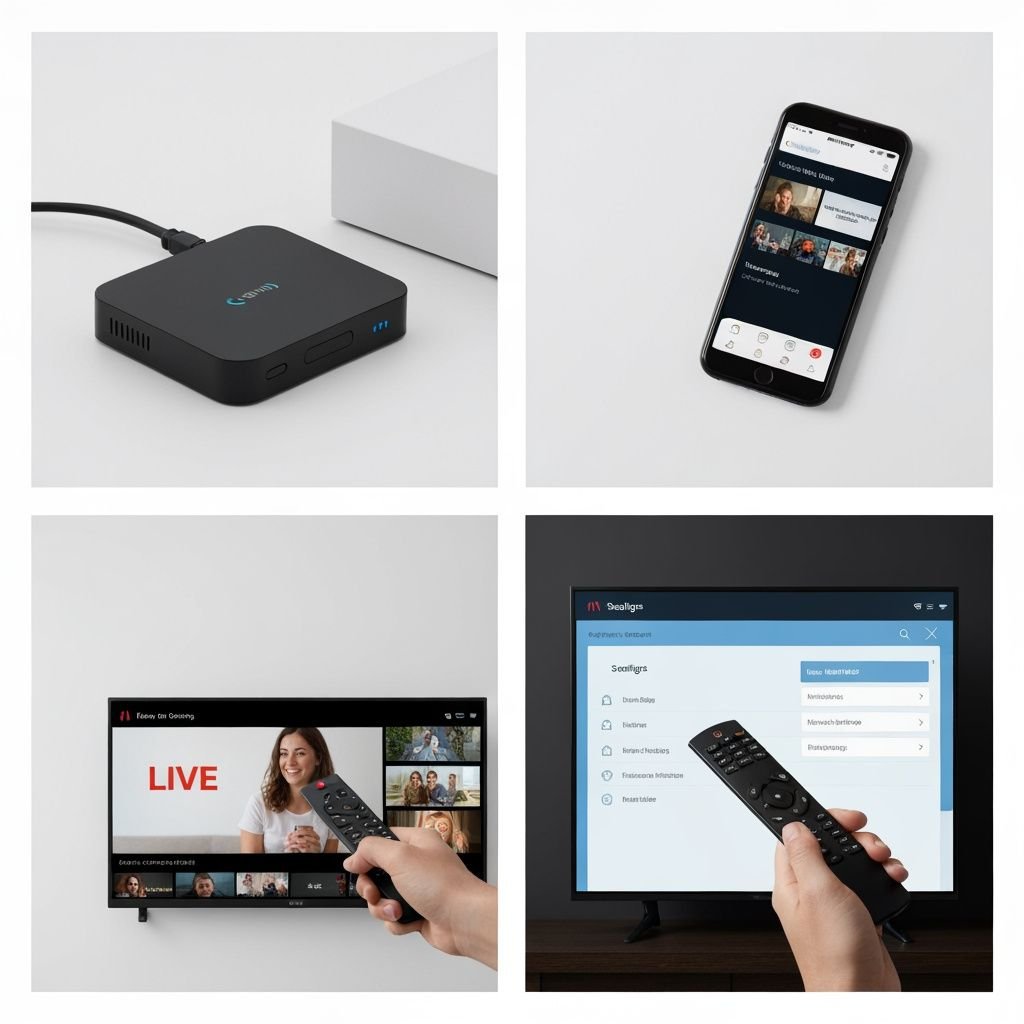 Quatre étapes d'installation : boîtier multimédia, application mobile, télécommande et menu de configuration TV