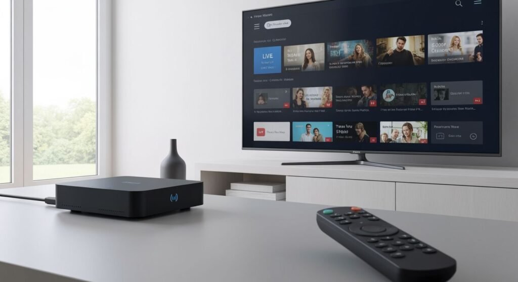 Téléviseur moderne affichant une interface de streaming avec contenu TV en direct et applications multimédias
