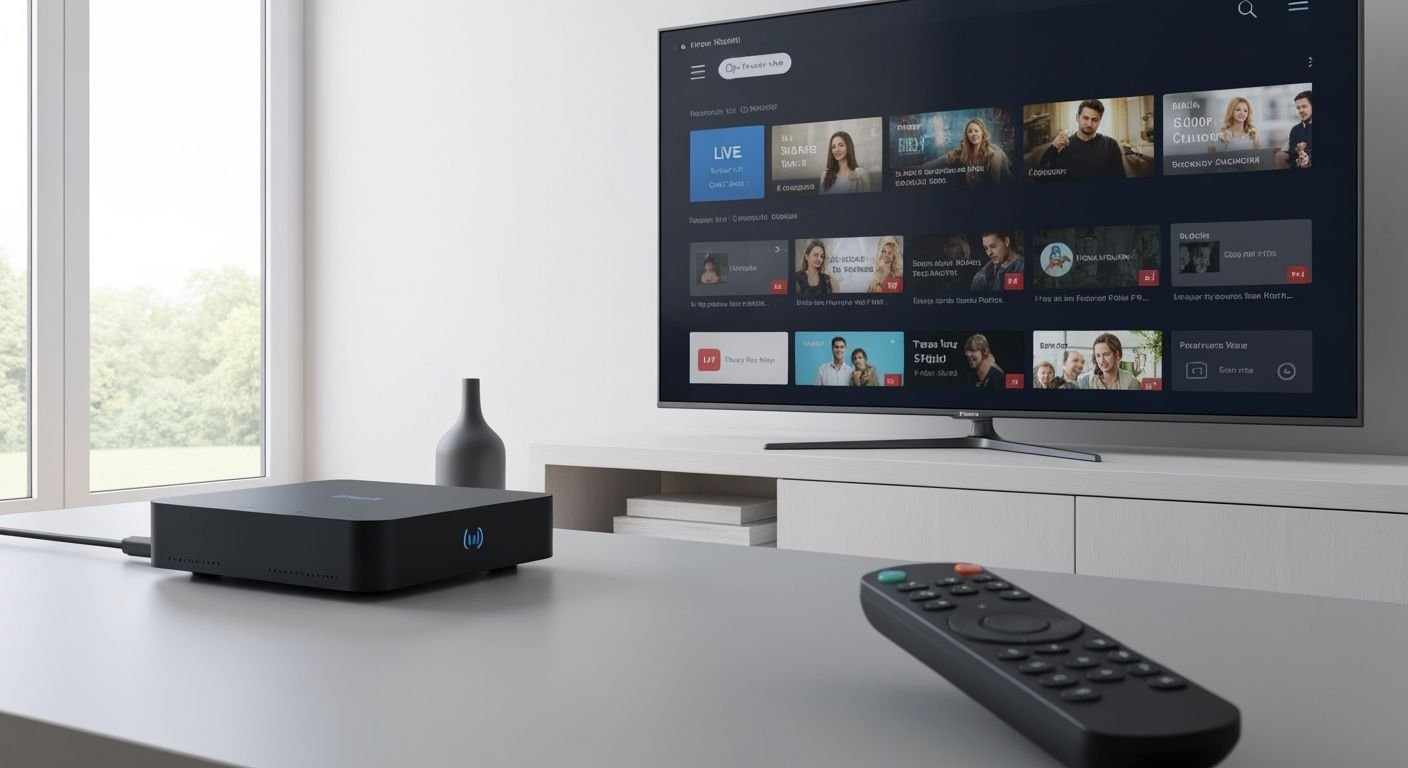Téléviseur moderne affichant une interface de streaming avec contenu TV en direct et applications multimédias