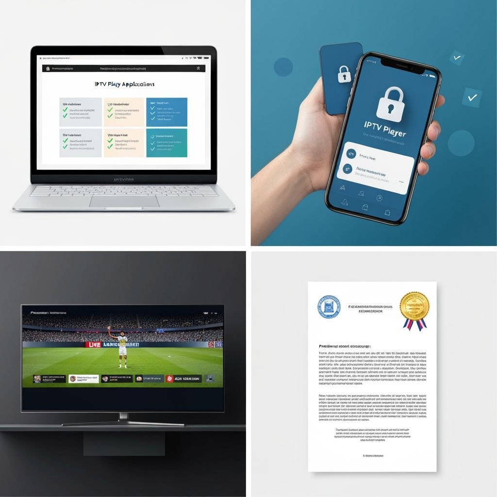 Quatre panneaux : comparaison d'apps IPTV légales, interface sécurisée, diffusion sportive légale, conformité française