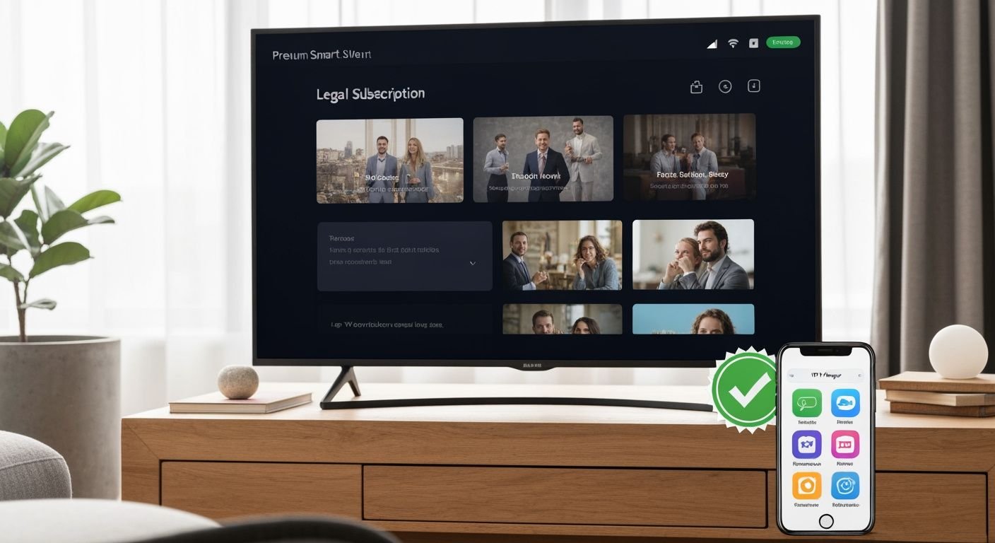 Téléviseur moderne affichant une interface de streaming légale avec options d'abonnement vérifiées