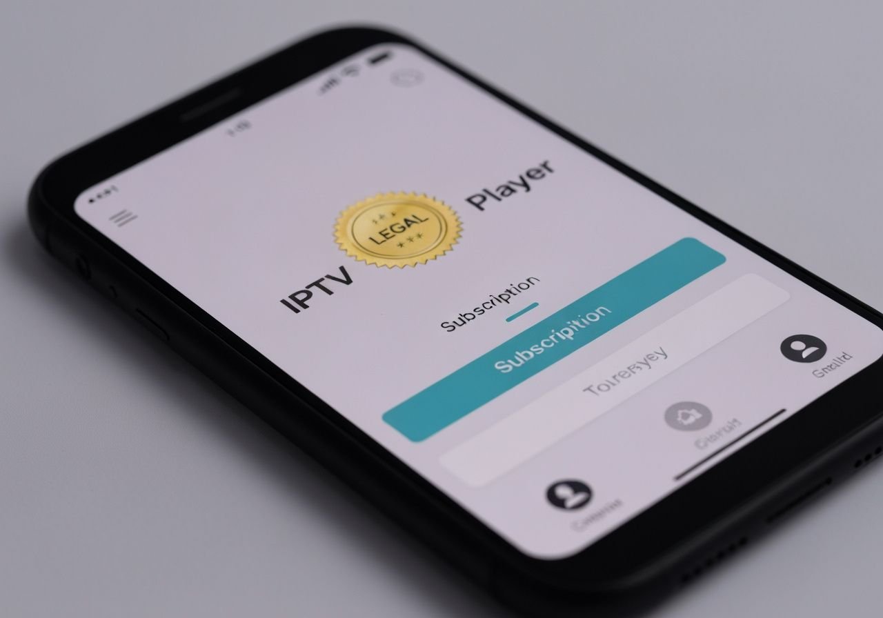 Application IPTV légale sur smartphone avec badge de conformité et options d'abonnement