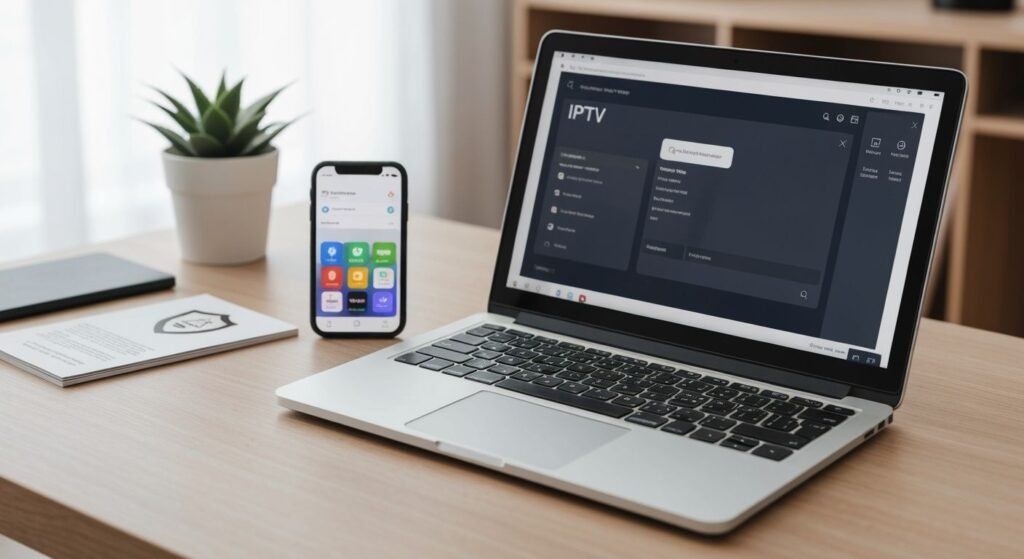 Interface de lecteur IPTV gratuit sur ordinateur portable avec document légal et smartphone affichant des options...