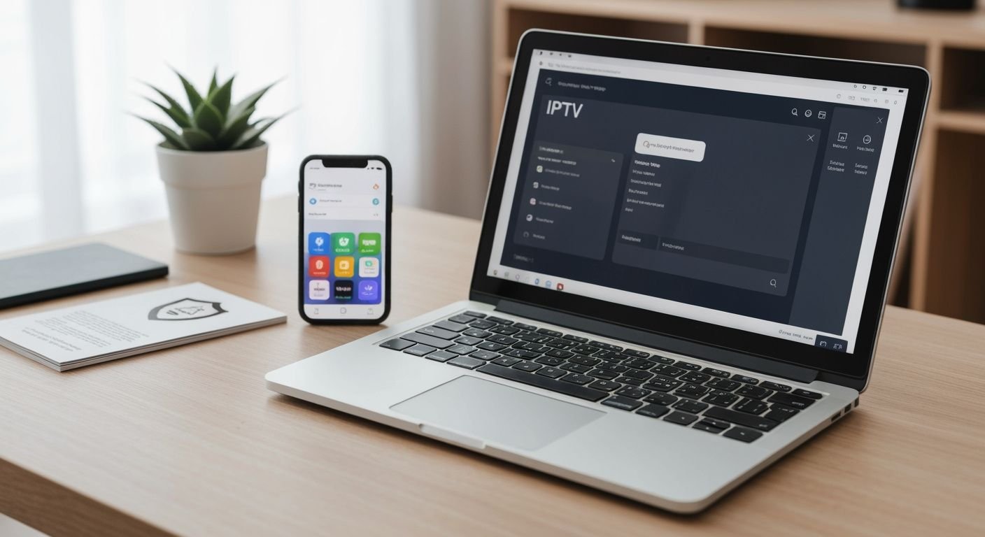 Interface de lecteur IPTV gratuit sur ordinateur portable avec document légal et smartphone affichant des options...