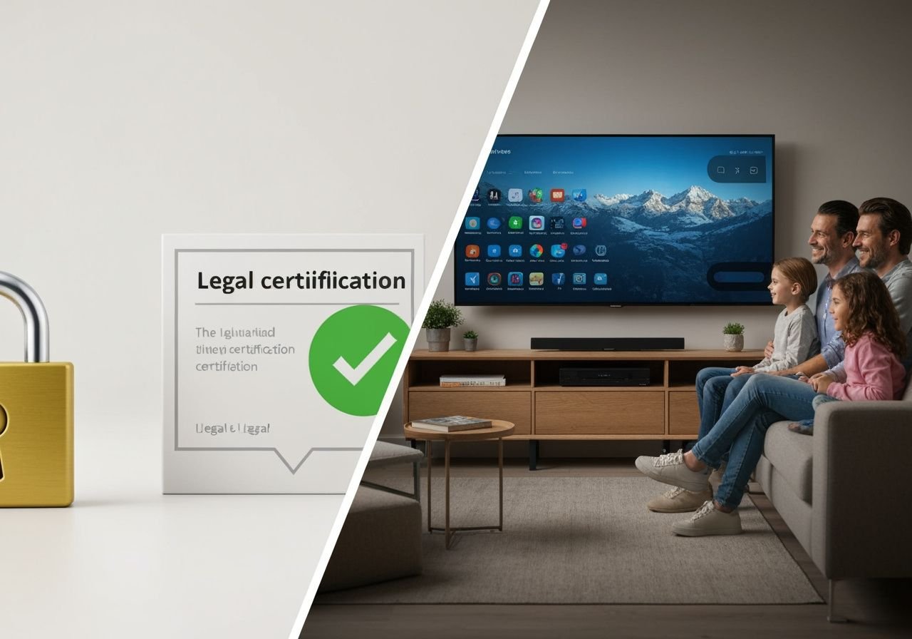 Comparaison entre certification légale sécurisée et famille regardant la télévision sur Smart TV moderne.