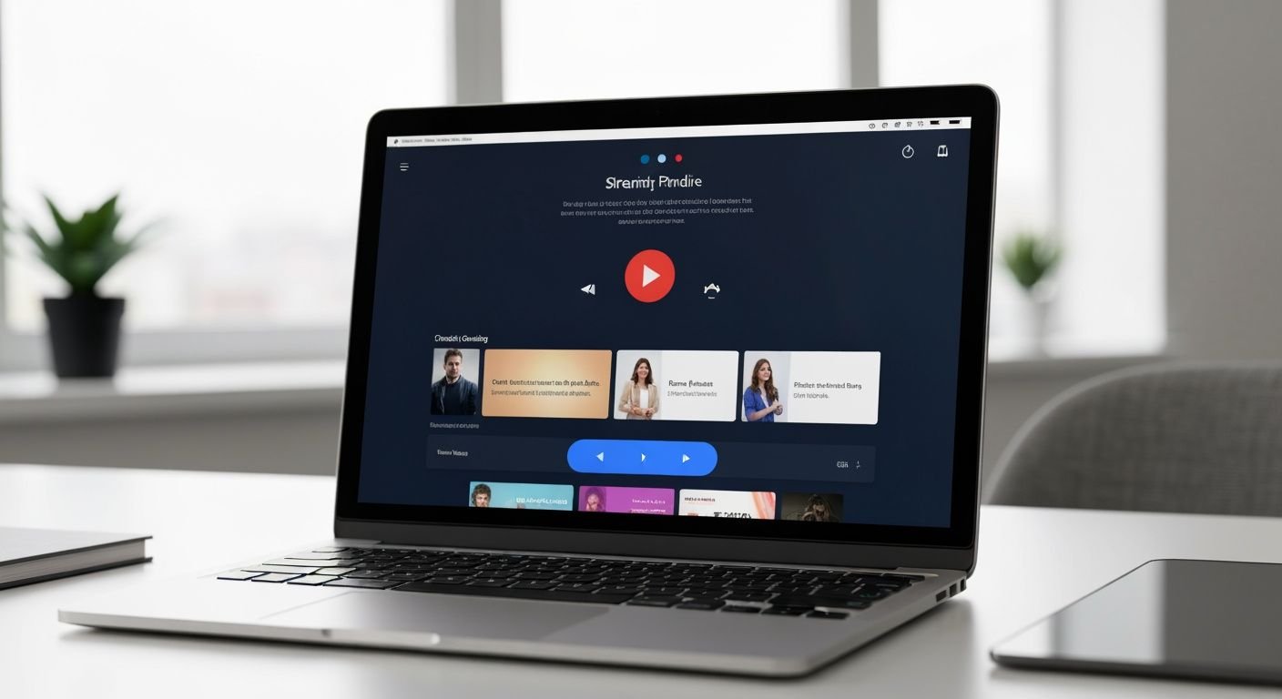 MacBook Air affichant une interface de lecteur IPTV avec contrôles de lecture et bibliothèque de contenu
