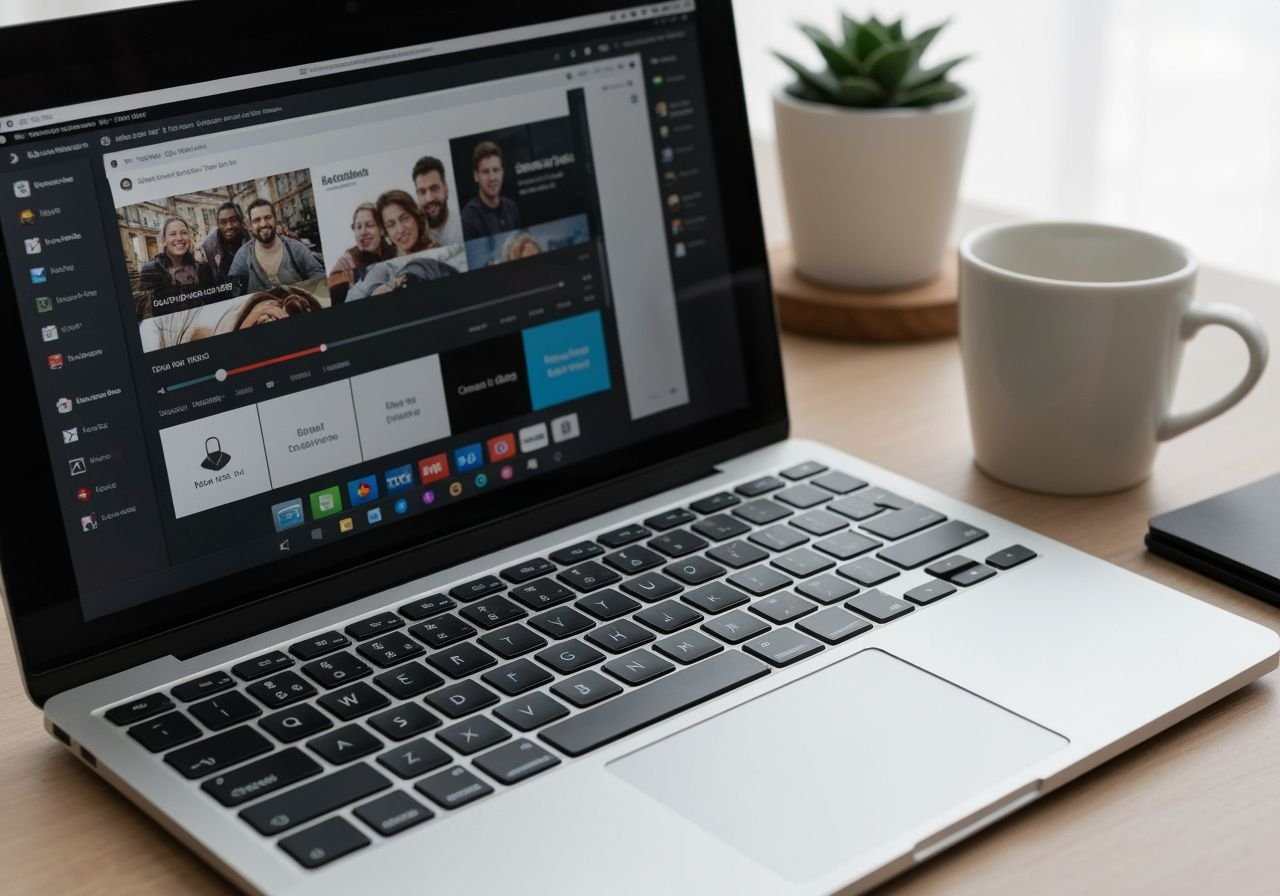 Configuration de MacBook Air avec application de streaming IPTV sur un bureau minimaliste et professionnel