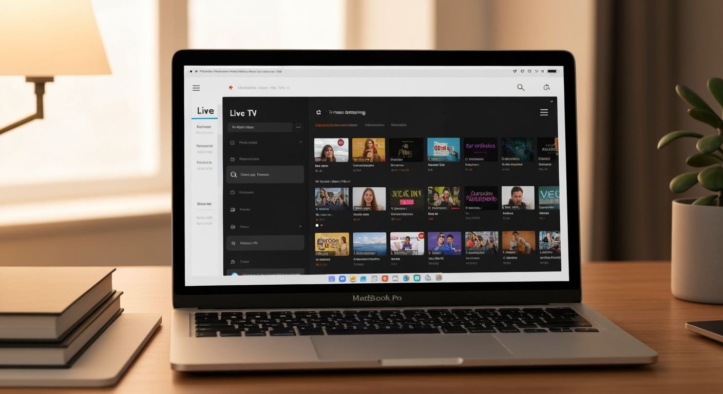 MacBook affichant une interface de streaming IPTV avec chaînes TV et contenu multimédia