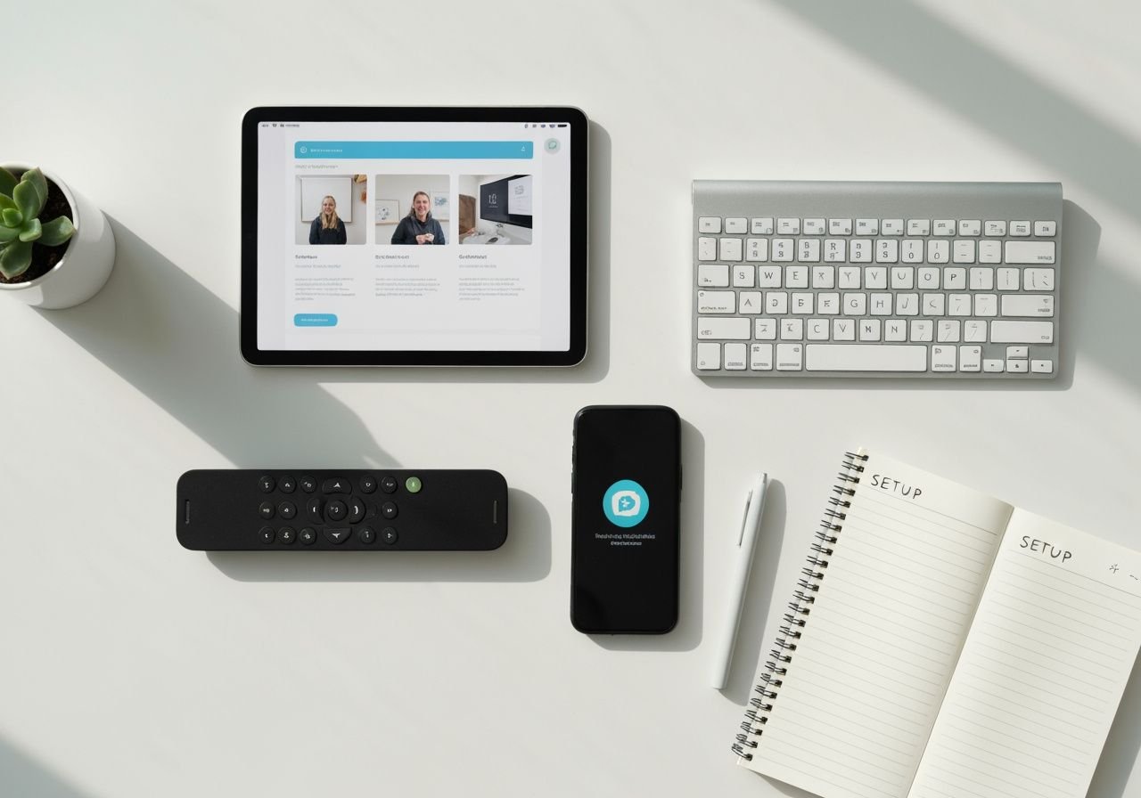 Configuration IPTV : tablette, smartphone, télécommande et guide d'installation sur bureau