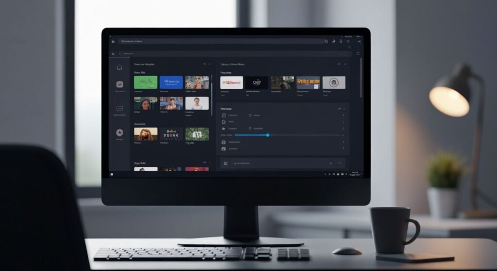 Interface d'application IPTV sur écran PC Windows avec tableau de bord de lecture