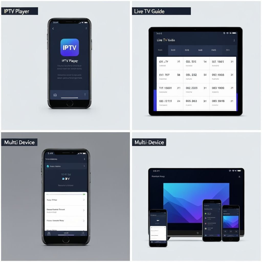 Grille de quatre panneaux montrant lecteur IPTV sur smartphone, guide TV, enregistrement et compatibilité multi-appareils