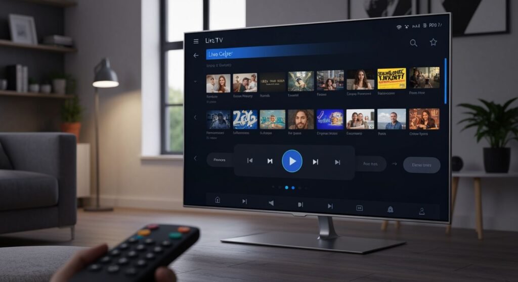 Interface d'application IPTV premium affichant guide TV et contrôles de lecture sur écran de télévision moderne