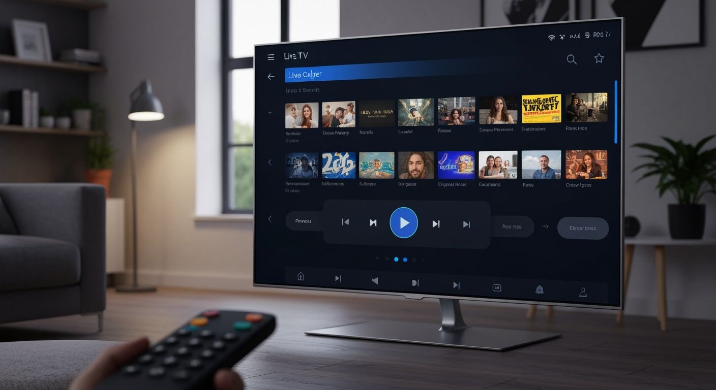 Interface d'application IPTV premium affichant guide TV et contrôles de lecture sur écran de télévision moderne