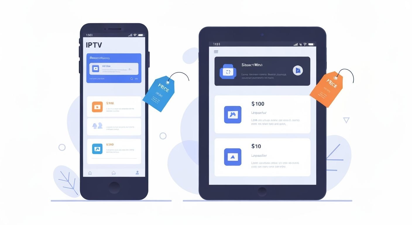 Interface d'application IPTV affichant les tarifs et formules d'abonnement sur smartphone et tablette