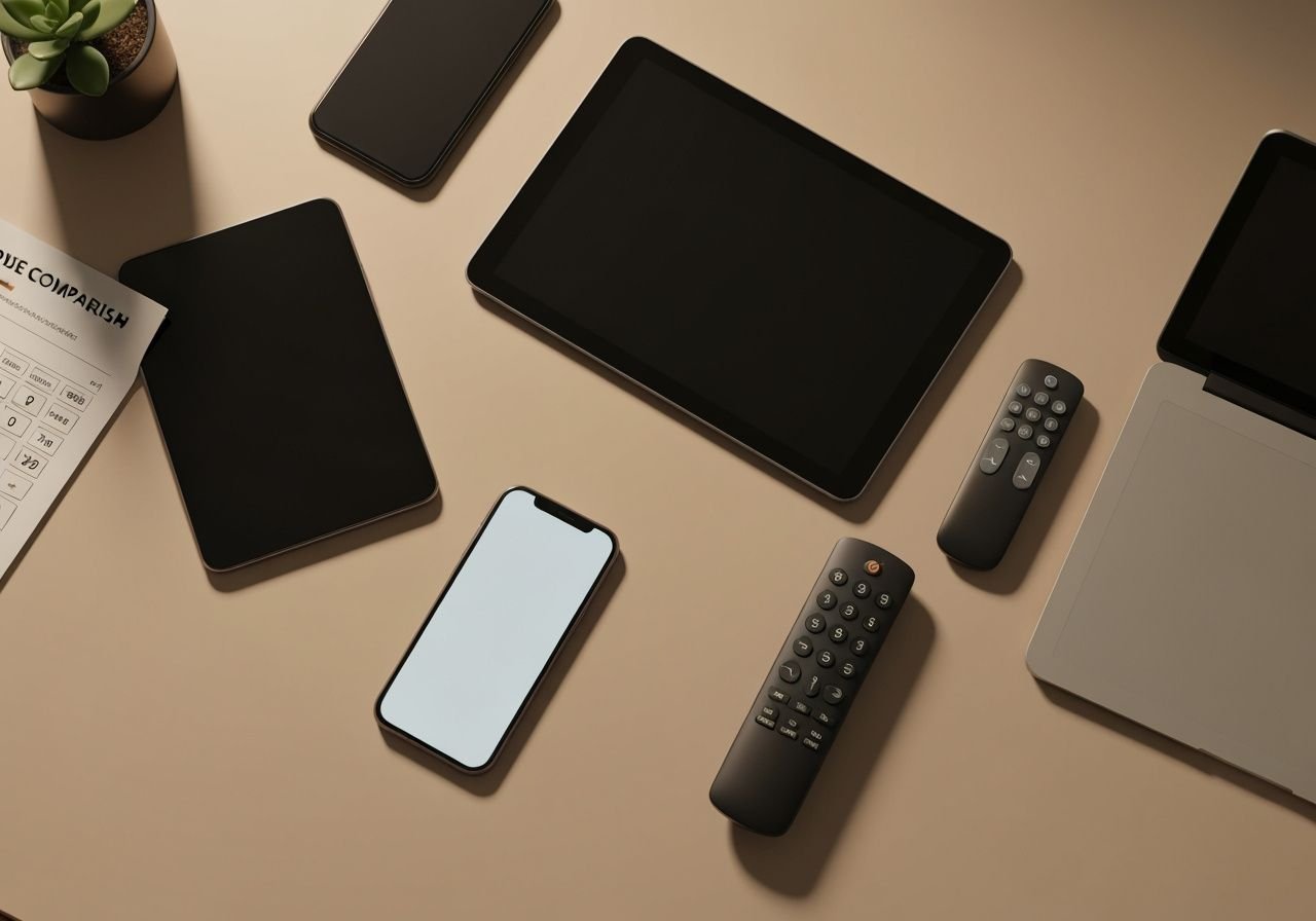 Plusieurs appareils de streaming avec document de comparaison tarifaire sur un bureau
