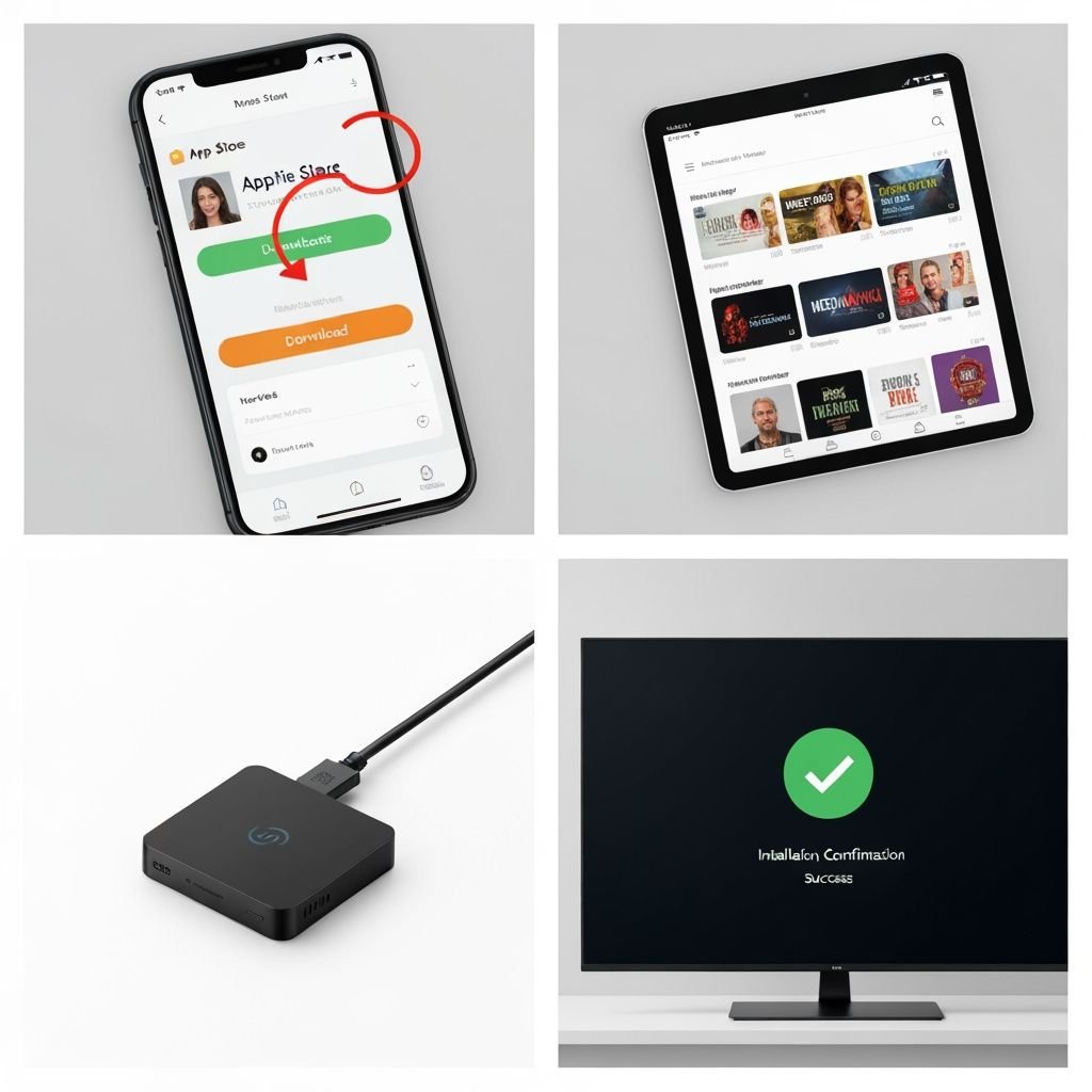 Quatre étapes d'installation : téléchargement, interface, connexion appareil et confirmation